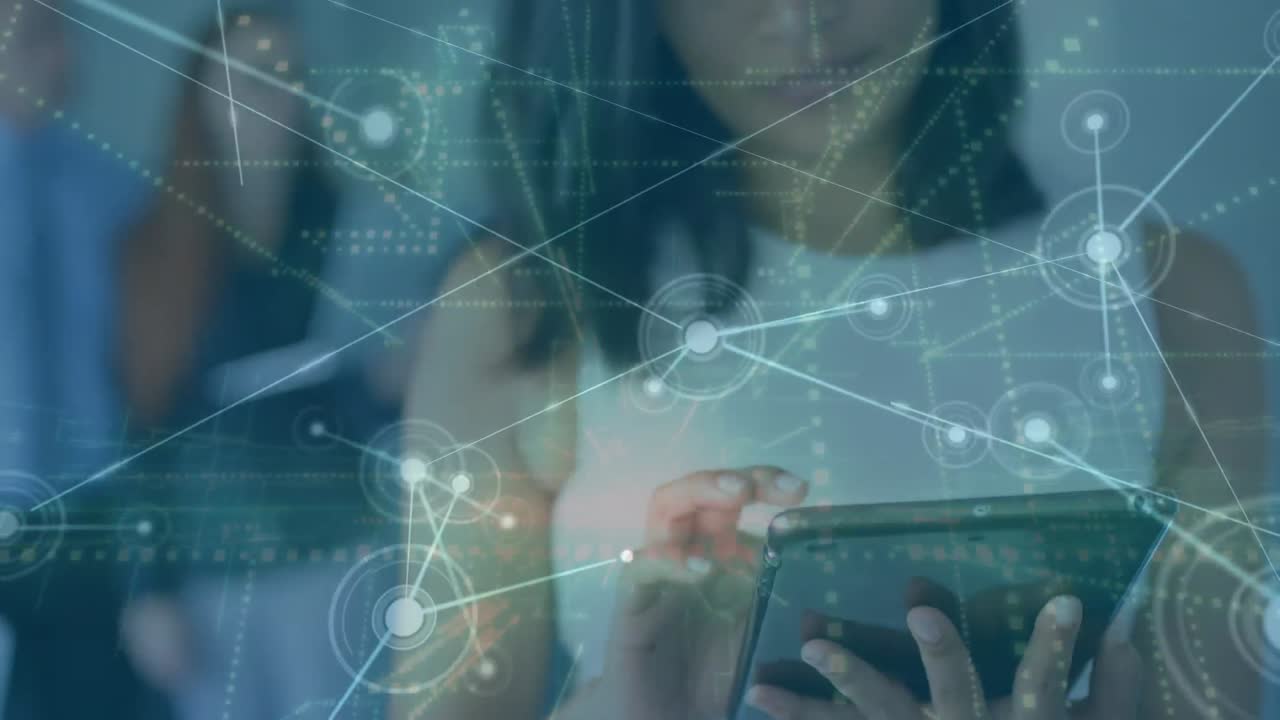 Animation of network of connections over caucasian woman using tablet