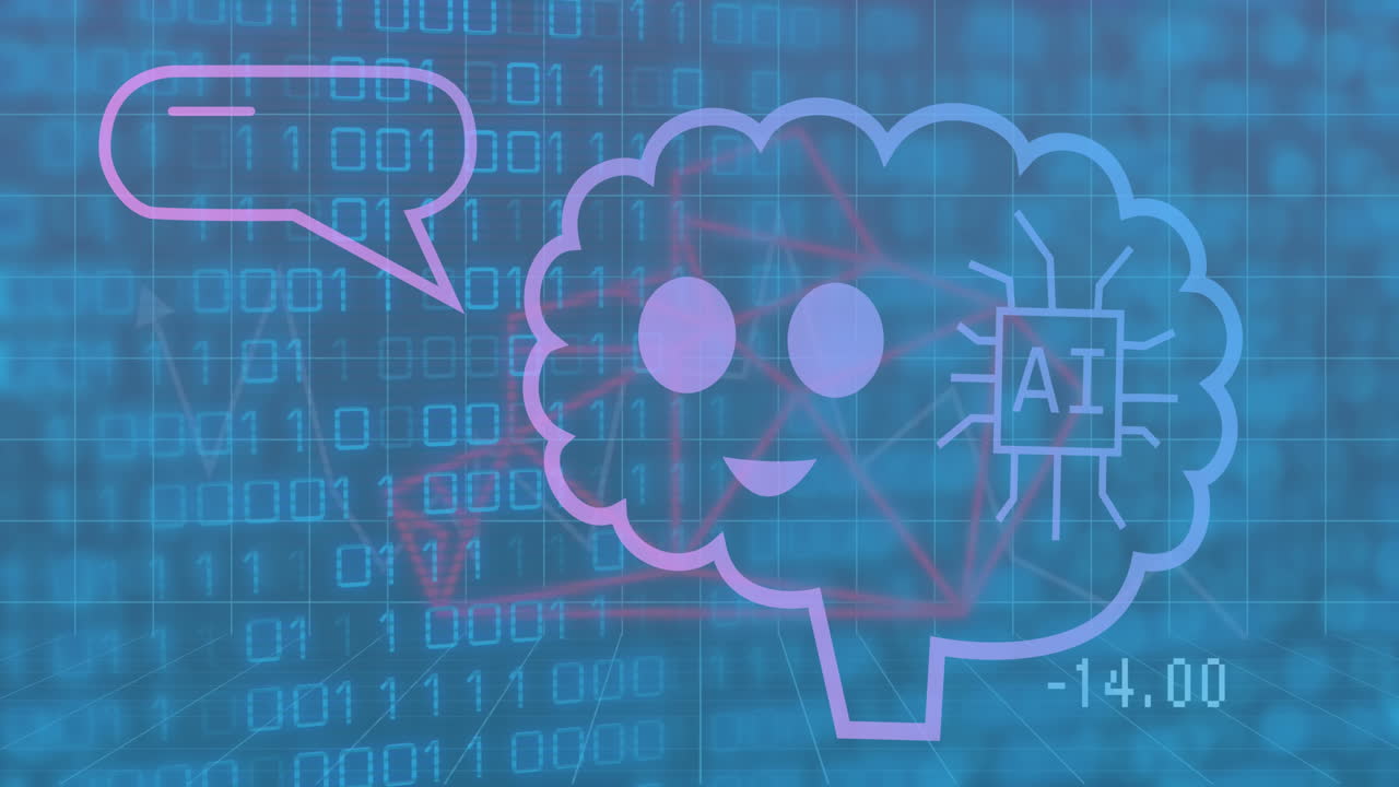 animación de un texto en un cerebro animado sobre códigos binarios en bucle contra un fondo abstracto