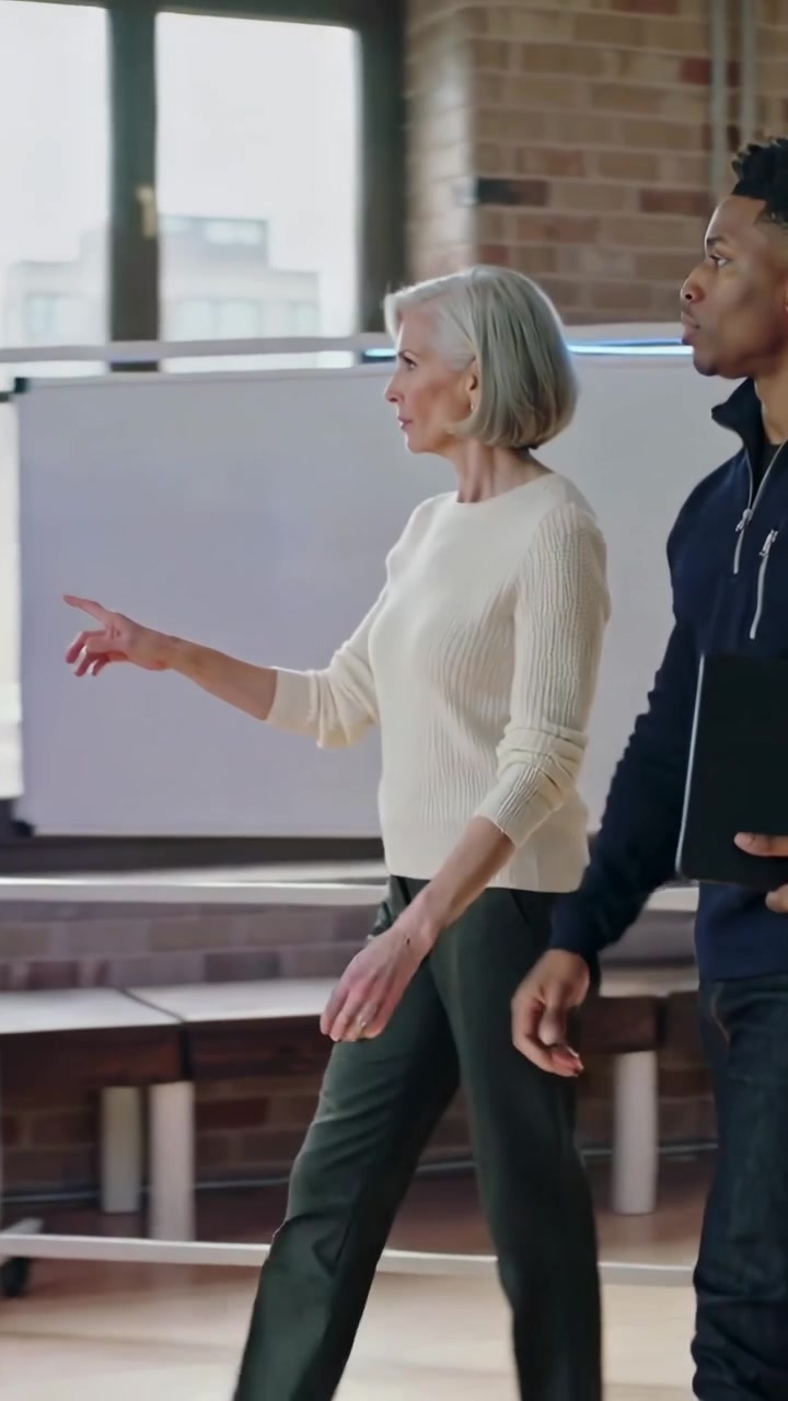 Video verticale: Inquadratura di una donna con maglione color crema che indica delle assi del soppalco, guidando un uomo con un tablet