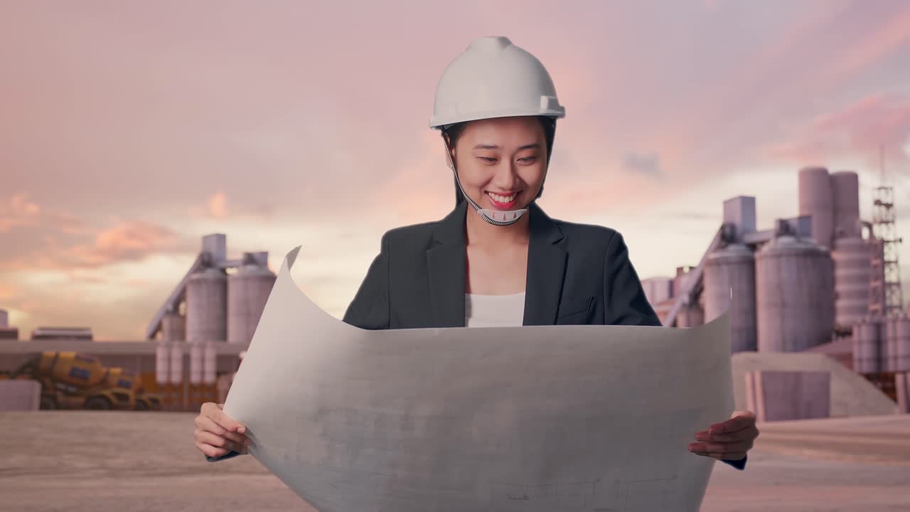 Forfra: Asiatisk forretningskvinde, der kigger på en tegning i sine hænder, mens hun går på en industricementfabrik i solnedgangen.