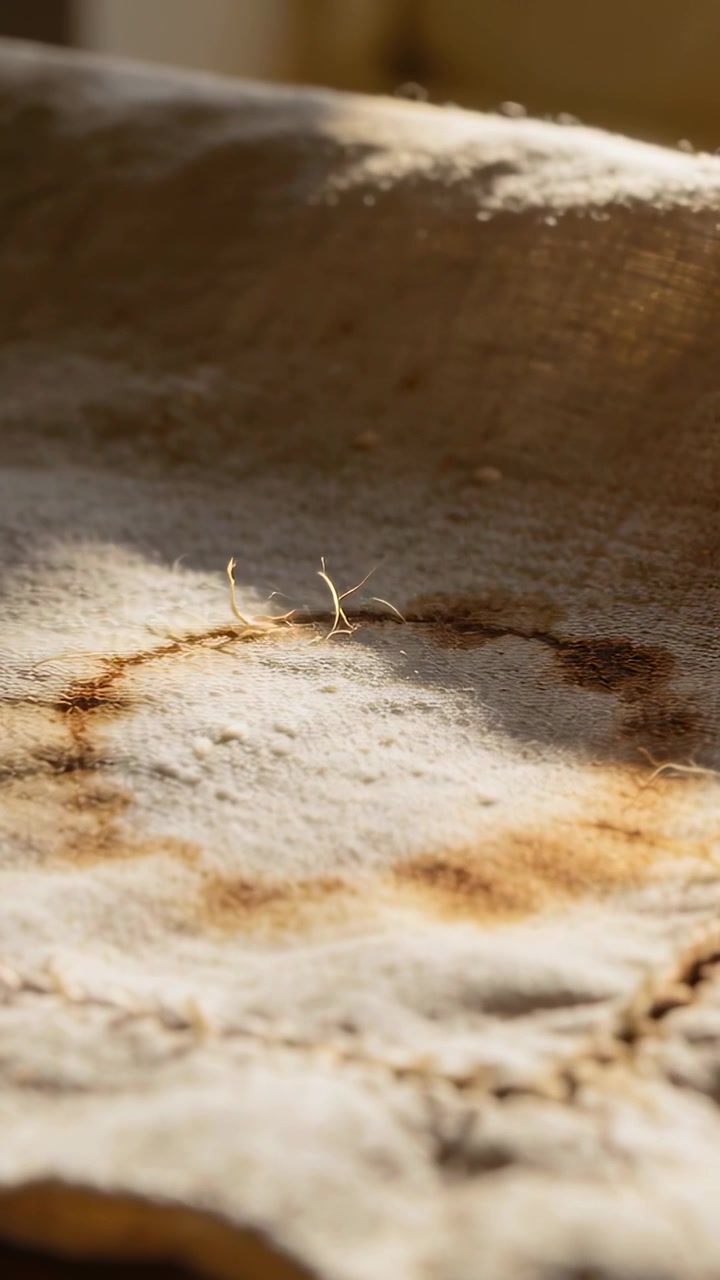 Vertical video: Moving sun nudging two thin fibers leaning at brown ring stain on cloth near window