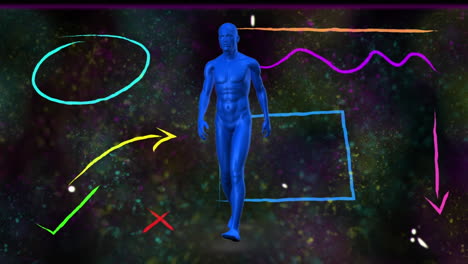 digital animation of human body model walking against abstract shapes and particles in background