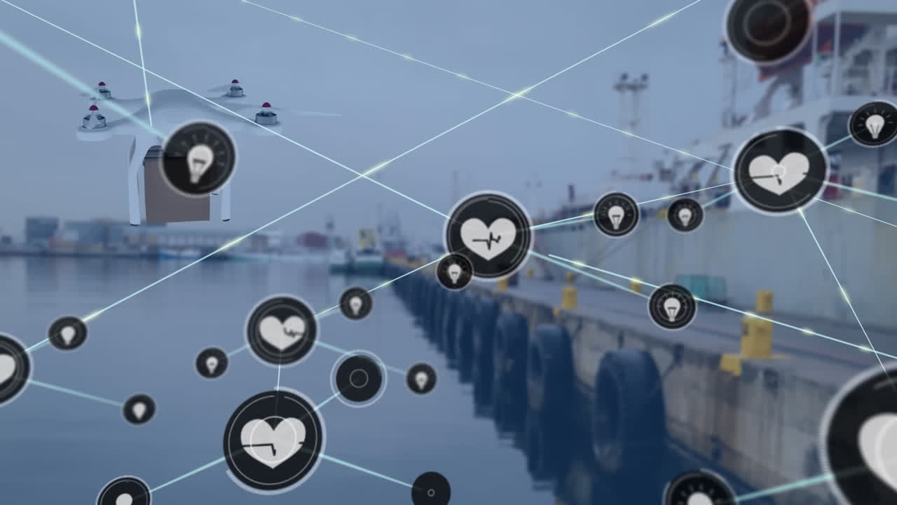 패키지를 운반하는 드론을 통해 아이콘으로 연결된 네트워크의 애니메이션