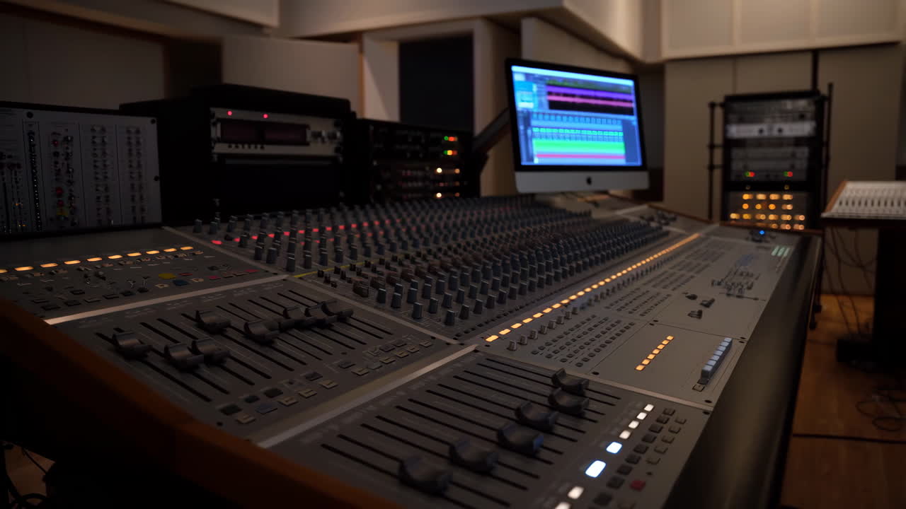 A professional audio recording studio with a large mixing console and computer
