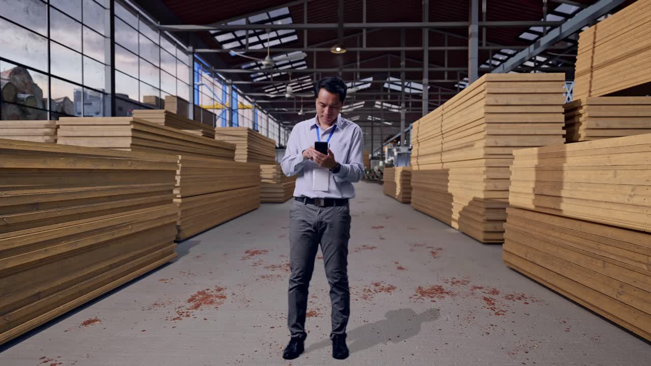 Corpo intero di un lavoratore professionista asiatico in piedi con il suo smartphone, lavoratore che ispeziona un magazzino di legname, che lavora continuamente