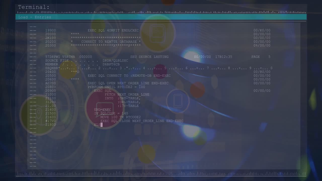 Animation of light spot and digital icons over data processing against blue background