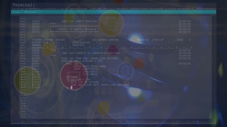 Animation of light spot and digital icons over data processing against blue background