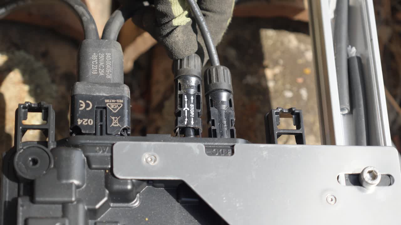 close-up of an electrical engineer connecting power cables to a solar panel