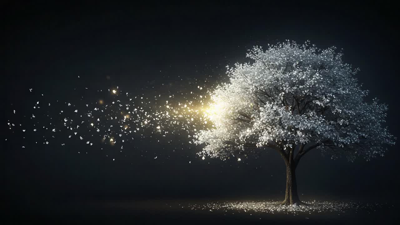 A Whimsical and Enchanting Tree Sparkles with Radiant Light, Creating a Magical Atmosphere as It Transforms Surroundings with Dazzling Energy and Delicate Blooms