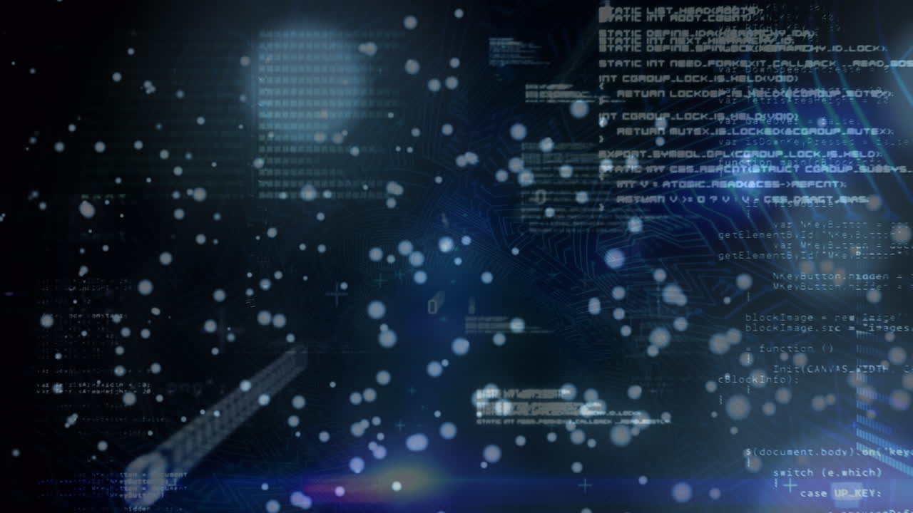 Animation of dots flying and looping binary codes with programming language on abstract
