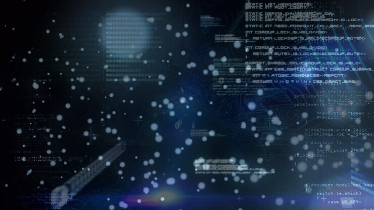 Animation of dots flying and looping binary codes with programming language on abstract