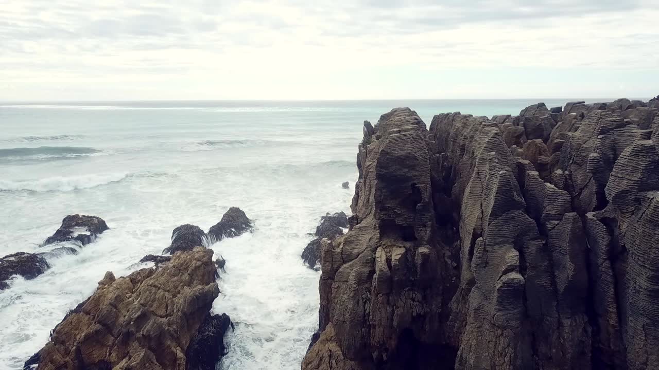 Drone view of the pancake rocks at Dolomite point, Punakaiki, New Zealand