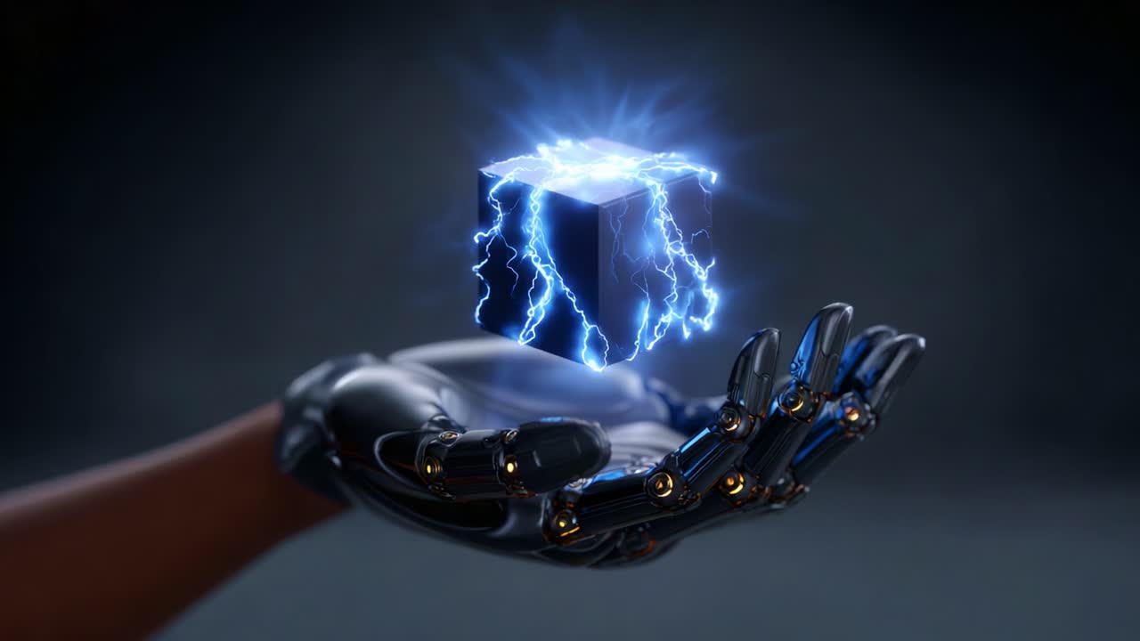 Una mano robotica tiene delicatamente un cubo di energia fluttuante, circondato da scintille elettriche e luci brillanti, a simboleggiare tecnologia avanzata e innovazione