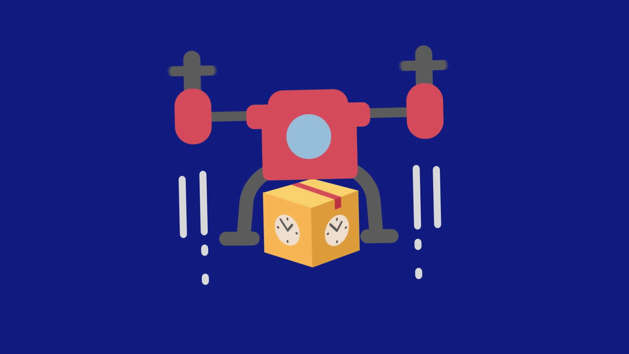 패키지와 시계가 있는 헬리터 아이콘은 파란색 바탕에 있는 글로벌 물류를 상징합니다.