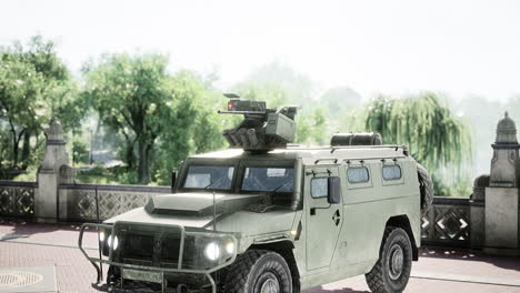 armored military car in big city