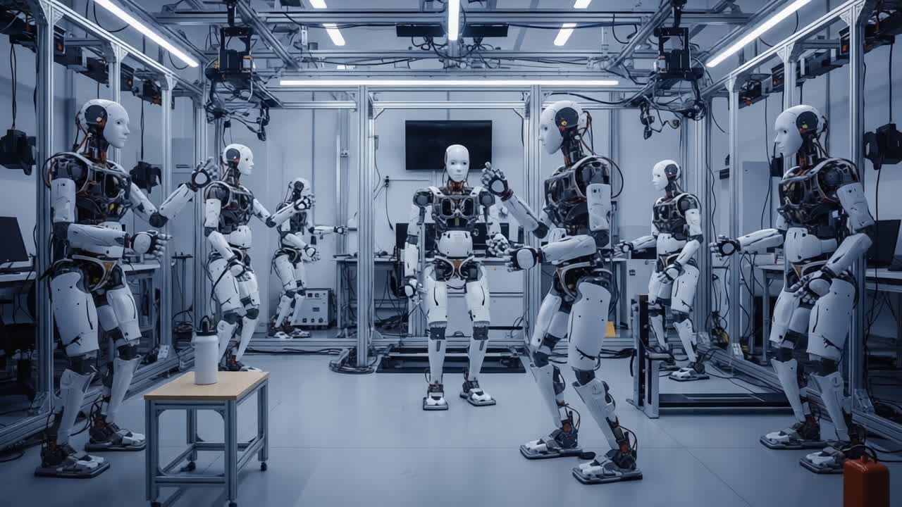 A Futuristic Robotics Laboratory Showcasing Advanced Humanoid Robots Engaged in Collaborative Activities within a Controlled High-Tech Environment