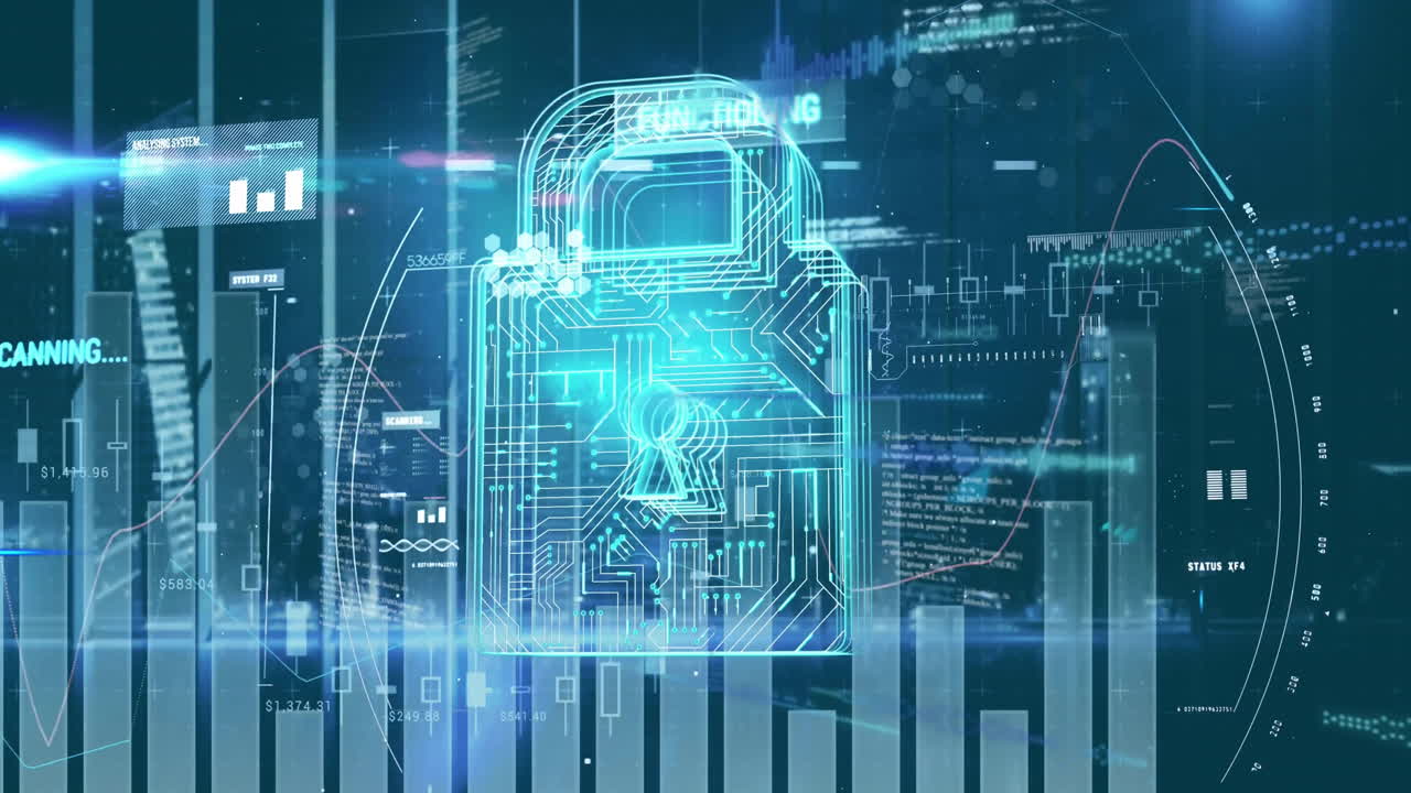 Animation of padlock icon and data processing on black background