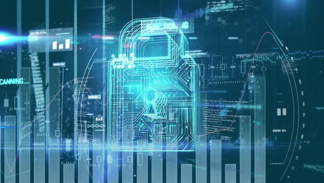 Animation-Des-Vorhängeschlosssymbols-Und-Der-Datenverarbeitung-Auf-Schwarzem-Hintergrund