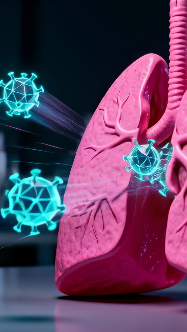 Video verticale: Particelle ciano in arrivo che colpiscono polmoni rosa con trachea su un tavolo da laboratorio, mostrando il rischio