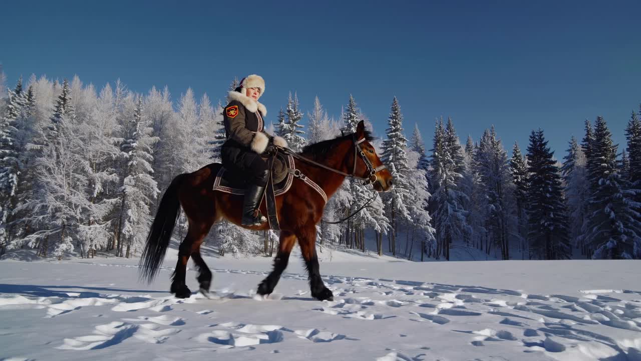 Video con ripresa dal basso di una persona che cavalca un cavallo in una foresta innevata, catturando la serenità