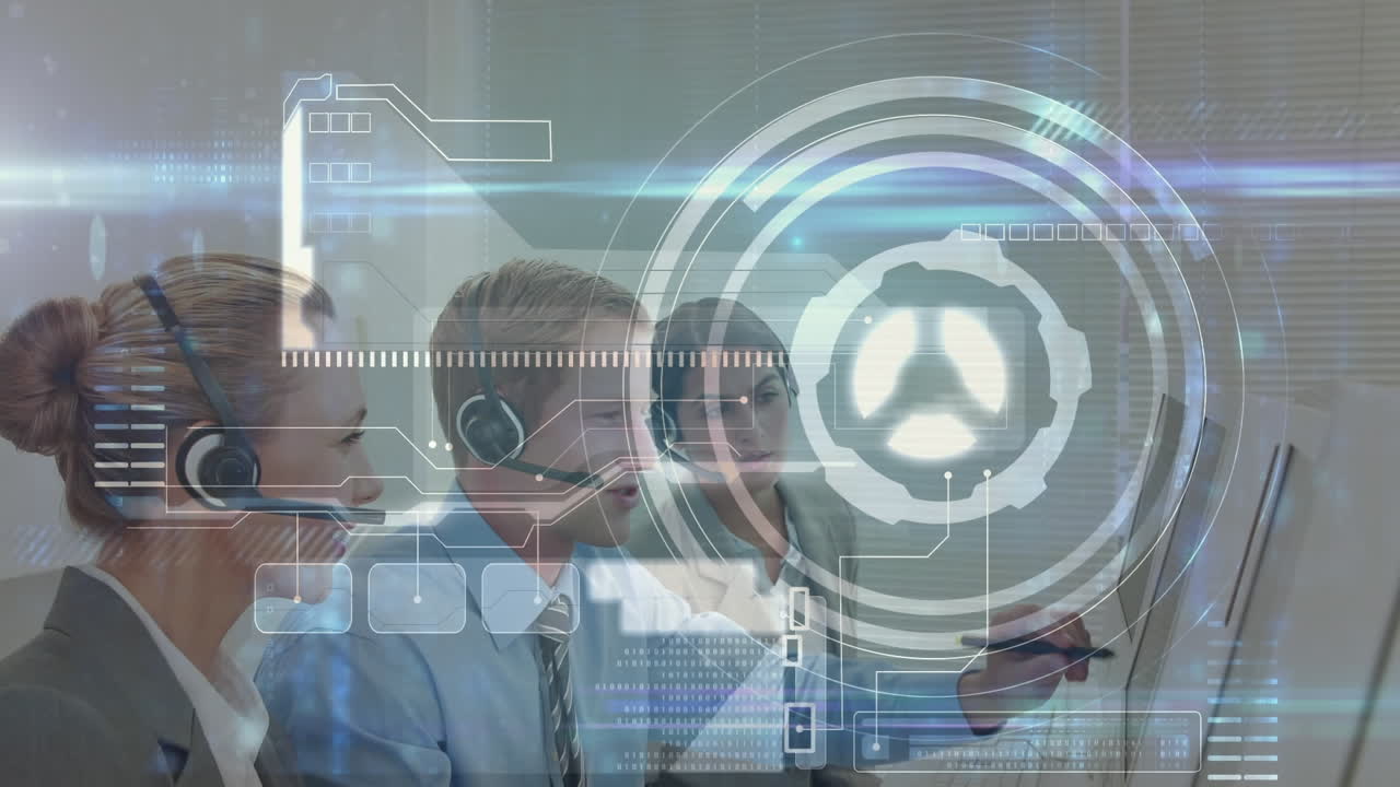 animación del procesamiento de datos financieros sobre personas de negocios que trabajan en la oficina