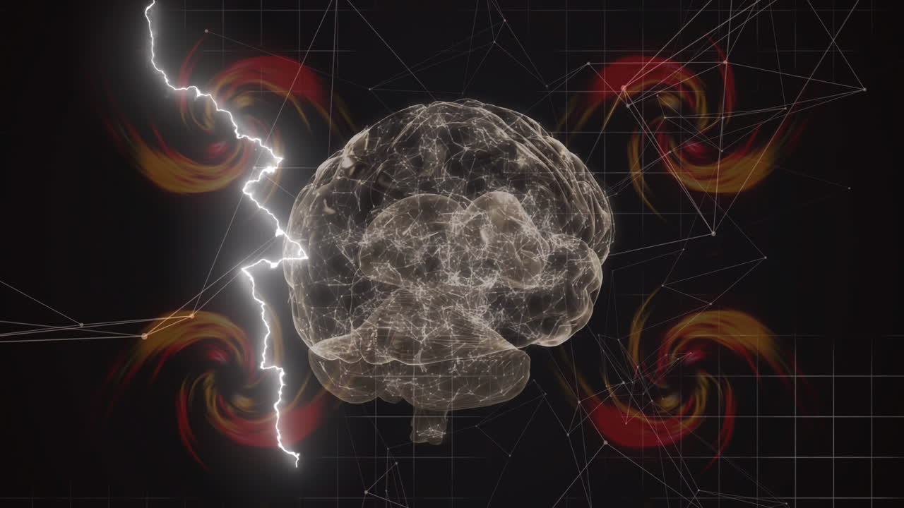 Animation of transparent brain model with swirling patterns and geometric lines