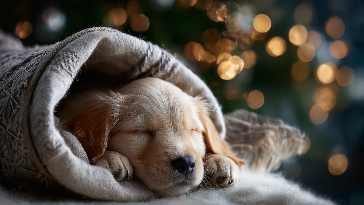 Adorable Golden Retriever Puppy Snuggled in a Cozy Blanket, Peacefully Sleeping in Front of a Beautifully Decorated Tree with Soft Bokeh Lights Creating a Warm and Serene Atmosphere