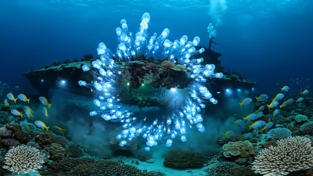 Underwater Shipwreck with Coral Reef and Marine Life