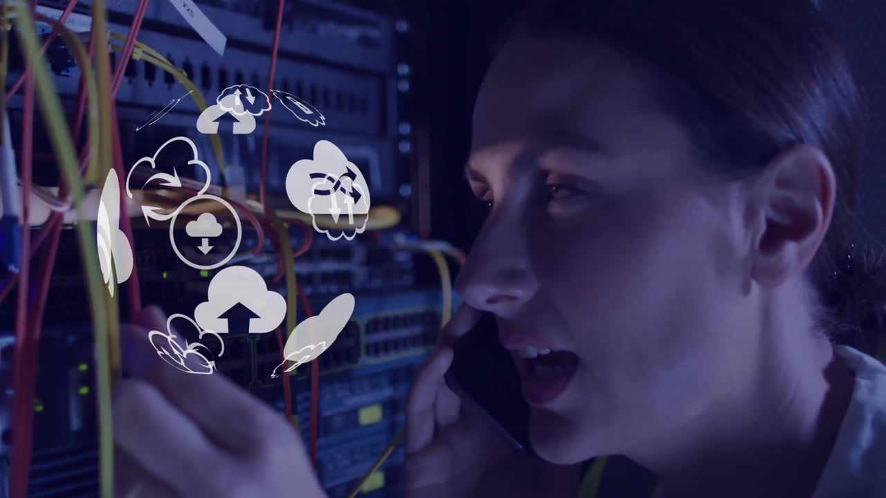 서버  ⁇ 에서 일하는 백인 여성 위에 아이콘이 있는 지구촌의 애니메이션