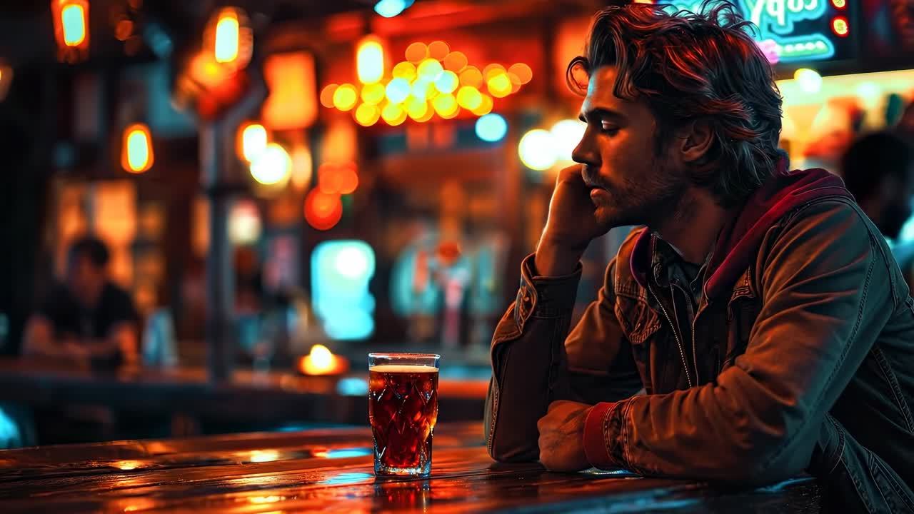 Uomo seduto da solo al bancone del bar con un drink. Vista laterale di un uomo con la barba che guarda altrove mentre è seduto al bancone di legno scuro del bar con un bicchiere di birra