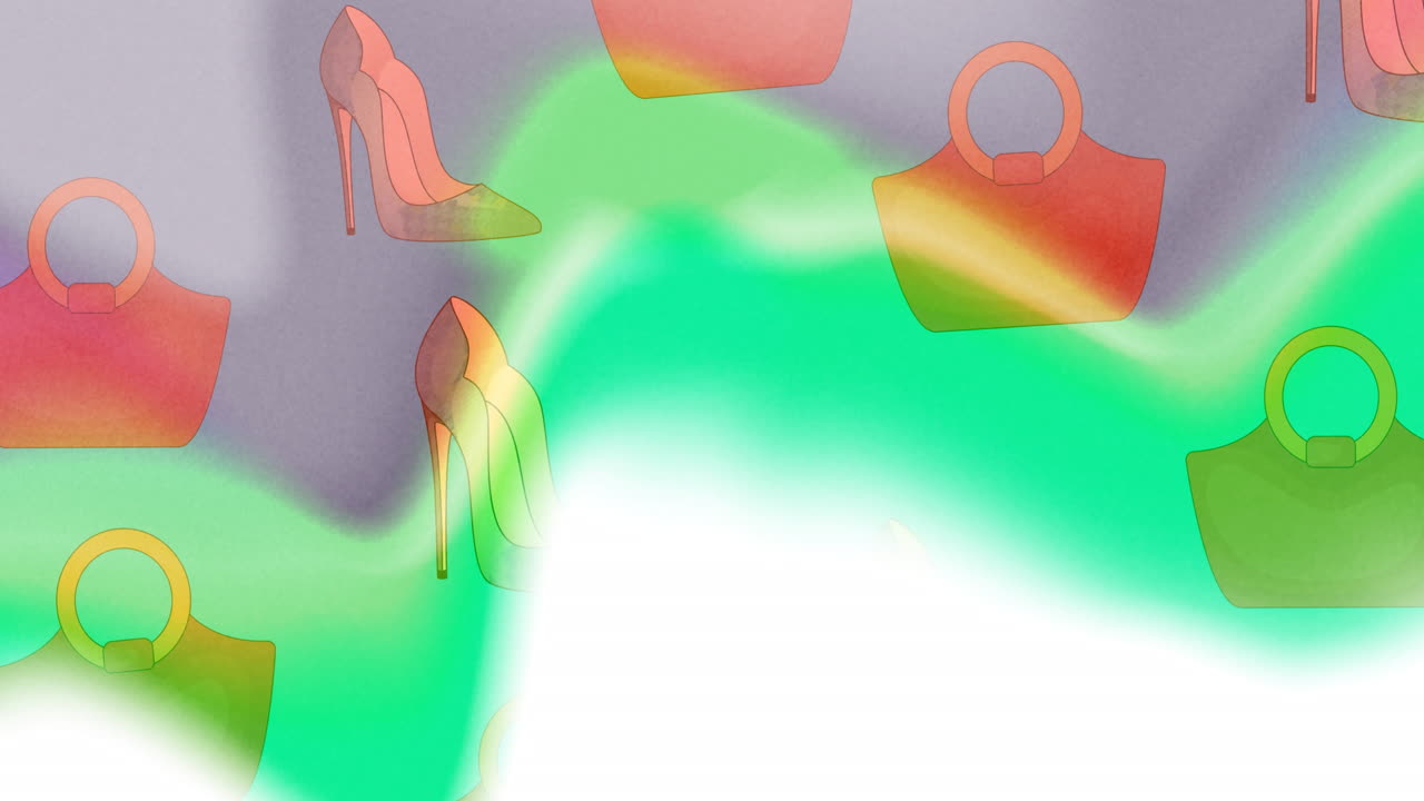 animación de bolsos y zapatos de aguja en un fondo de onda brillante
