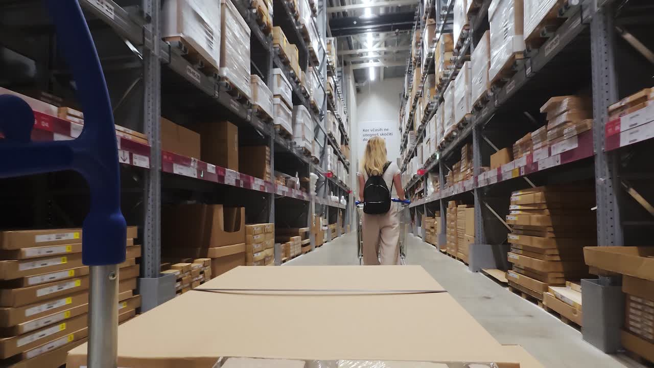 Vista POV dal carrello di una cliente che spinge un carrello nel corridoio di un magazzino IKEA