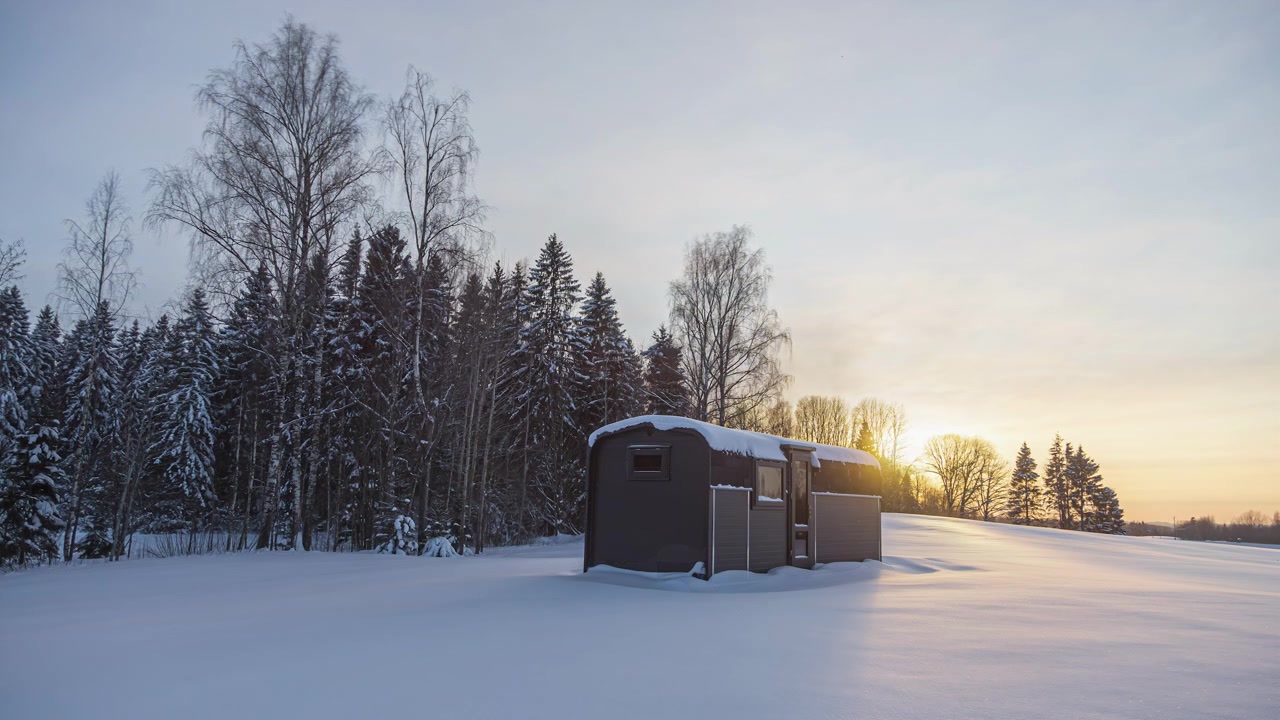 Tidsförskjutning över flera säsonger av en metallhydda som visar förvandlingen från sen vinter till vår, sommar och livfulla höstfärger när snö och regn faller.