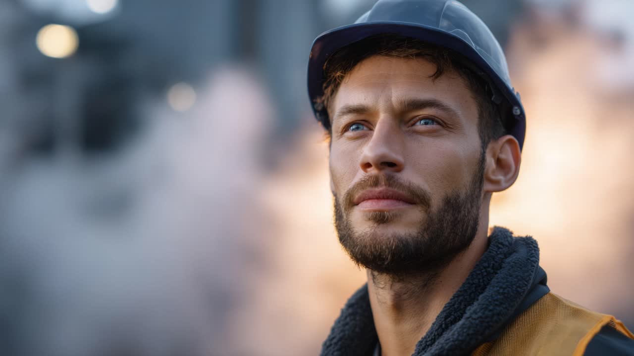 Lavoratore edile concentrato con equipaggiamento di sicurezza, che riflette sulle sfide future sullo sfondo industriale di vapore e macchinari in un cantiere.