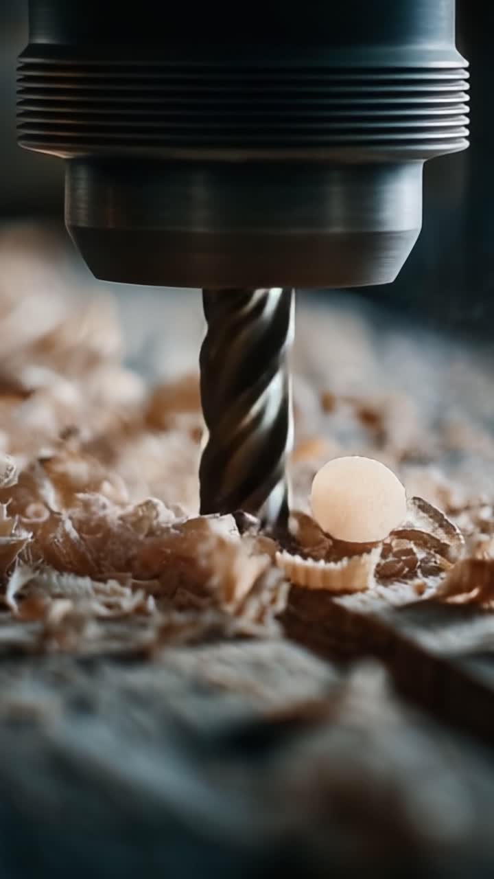 Una vista ravvicinata di una punta da trapano a spirale in azione, che crea trucioli e polvere di legno mentre taglia il legname, enfatizzando precisione e potenza nelle tecniche di lavorazione del legno.