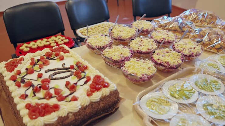 Mesa festiva, bolo de aniversário com o número 70, comida caseira mostrando uma celebração em família