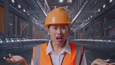 close up of wondering asian female engineer with safety helmet saying why working doubtfully with metal pipes