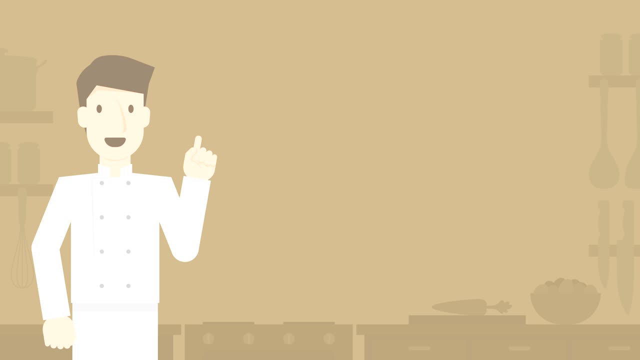 부에 있는 요리사 프레젠테이션, 밝은 갈색 배경, 원활한 루프 애니메이션, 복사 공간과 함께 4k