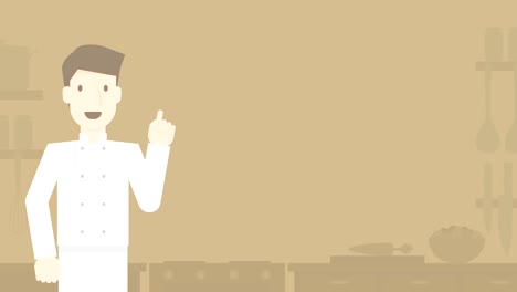부에 있는 요리사 프레젠테이션, 밝은 갈색 배경, 원활한 루프 애니메이션, 복사 공간과 함께 4k