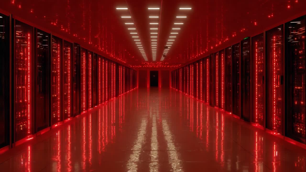 A Stunning Glimpse into a High-Tech Server Room Bathed in Red Lighting, Showcasing Advanced Technology and a Futuristic Aesthetic in Data Management and Storage