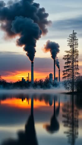 industrial skyline reflects in calm water at sunset with smoke stacks