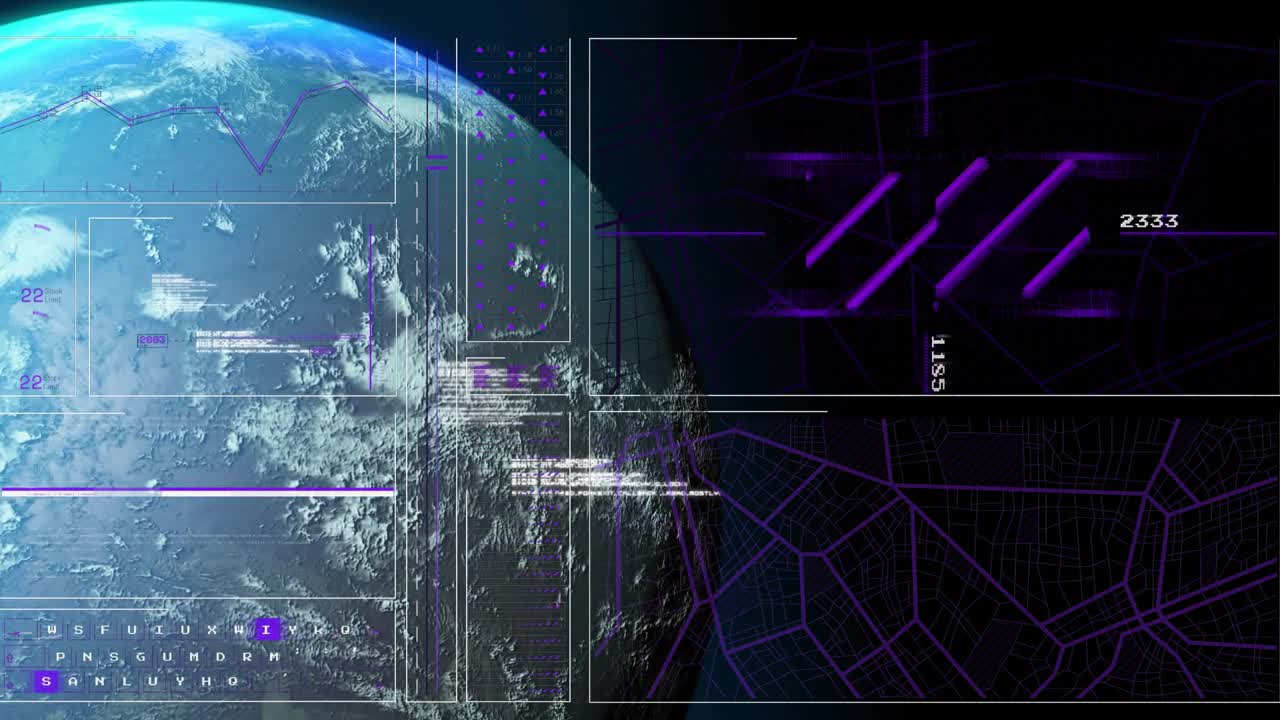 Planet entering frame, globe rotating while purple HUD fading in and animating orbital monitoring