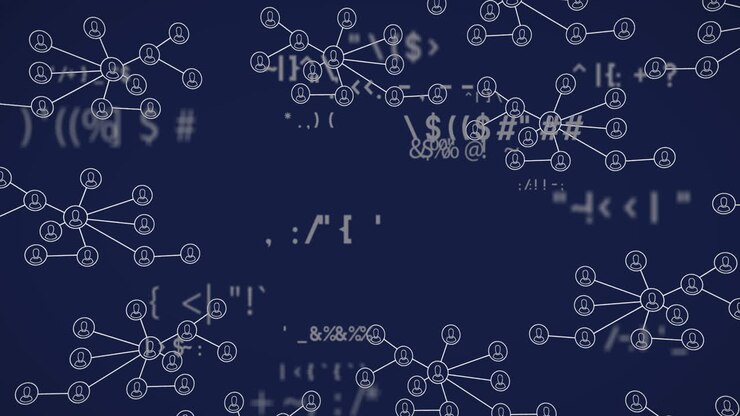 Animazione di una rete di icone profilo e simboli matematici mutevoli su sfondo blu