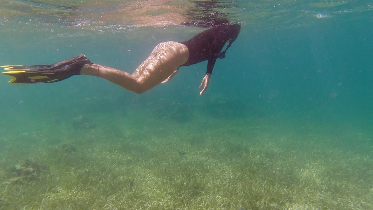 Sexy young woman in black swimwear snorkels over turtle grass in sea