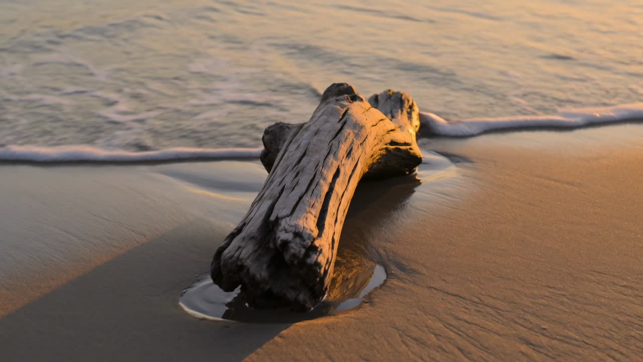 Tronco de madeira à deriva na praia, com onda a aproximar-se, lambendo a base, recuando e deixando rasto de espuma, ideal para temas de viagem