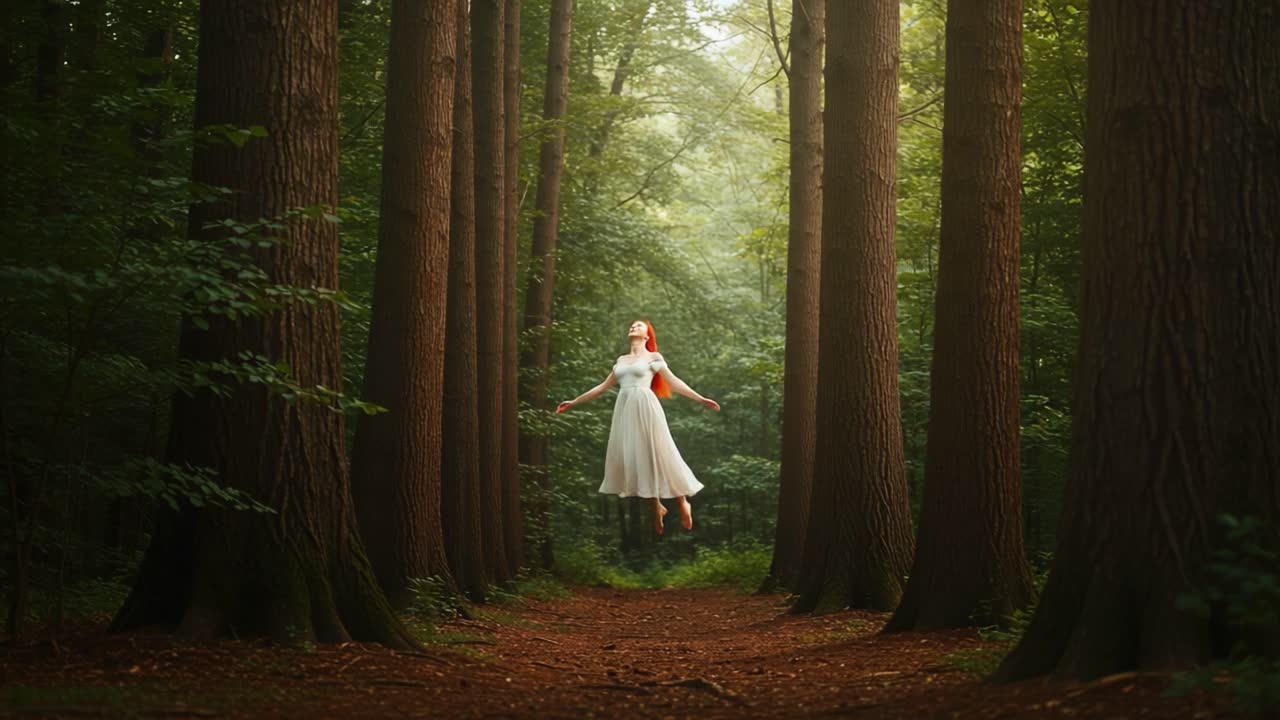 Scena Eterea di una Donna in un Abito Bianco Svolazzante che Fluttua con Grazia in una Foresta Nebbiosa, Circondata da Alberi Maestosi e Vegetazione Incantata