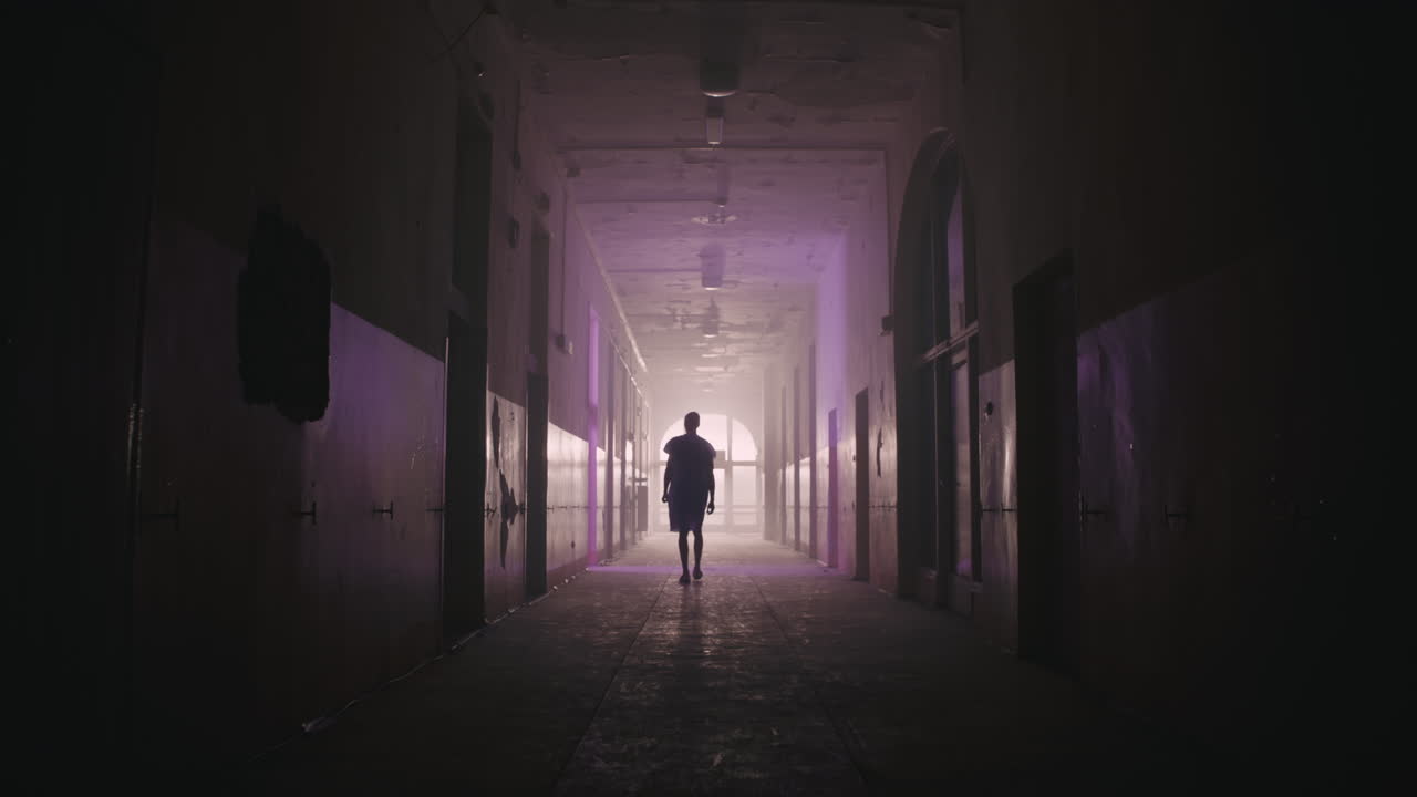 A bald man walks on the empty hospital corridor at night