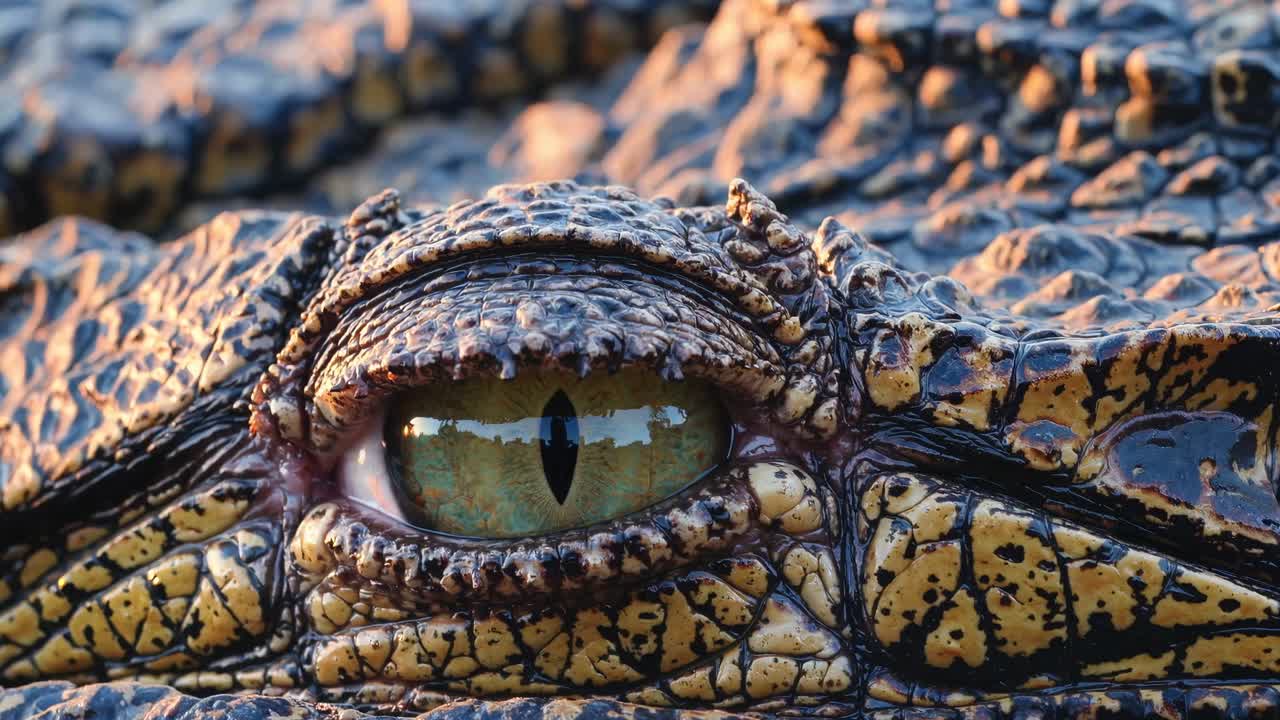 Close-up video shot of a crocodile's eye, capturing intricate textures and patterns