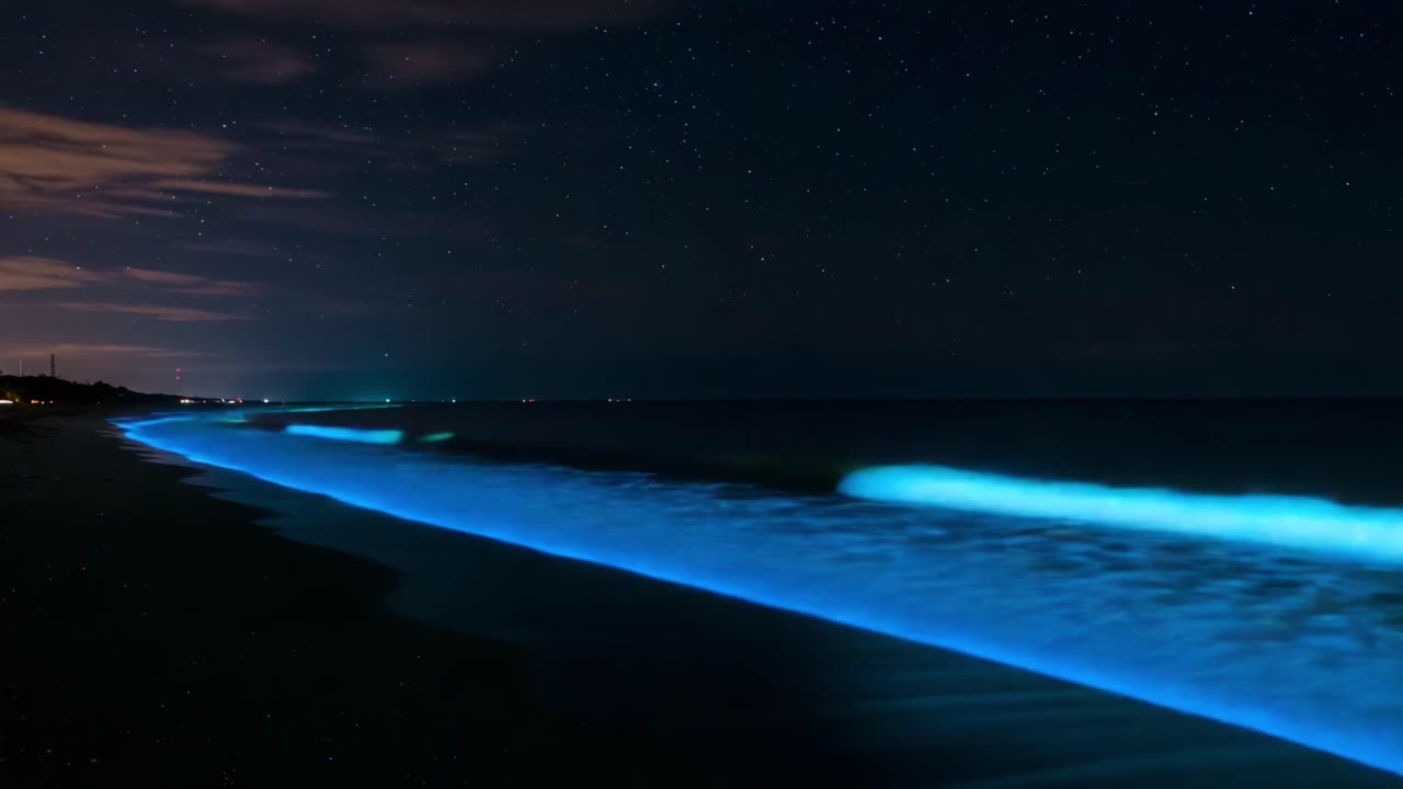 A Stunning Display of Bioluminescence Illuminating the Nightly Shoreline, with Waves Glimmering in Mesmerizing Blue and Green Hues Under a Starry Sky