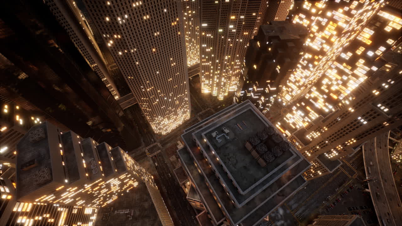 밤에 미래의 스카이라인의 놀라운 도시 전망